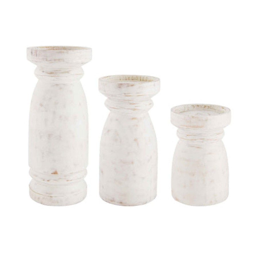 For The Home Kept Shop | Distressed White-Washed Mango Wood Candle Holders