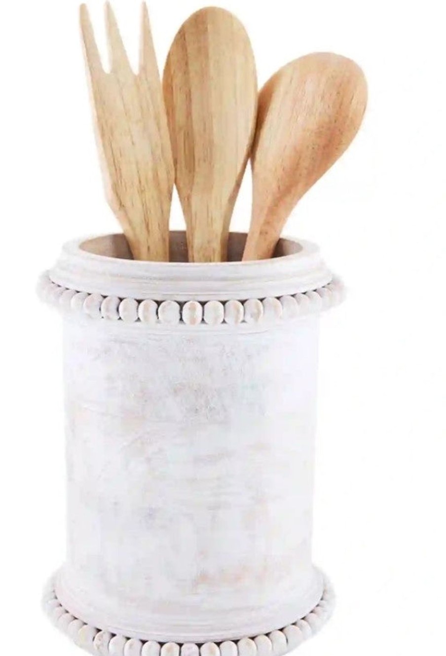 For The Home Kept Shop | White Bead Wood Utensil Holder